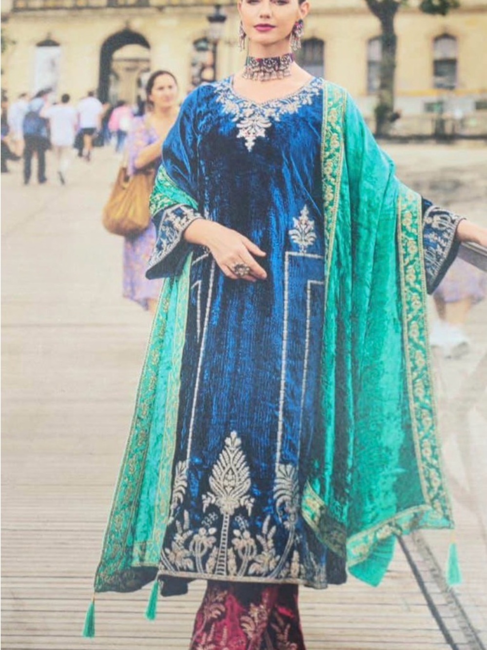 Embroidered Velvet Blue Salwar Kameez with Teal Dupatta